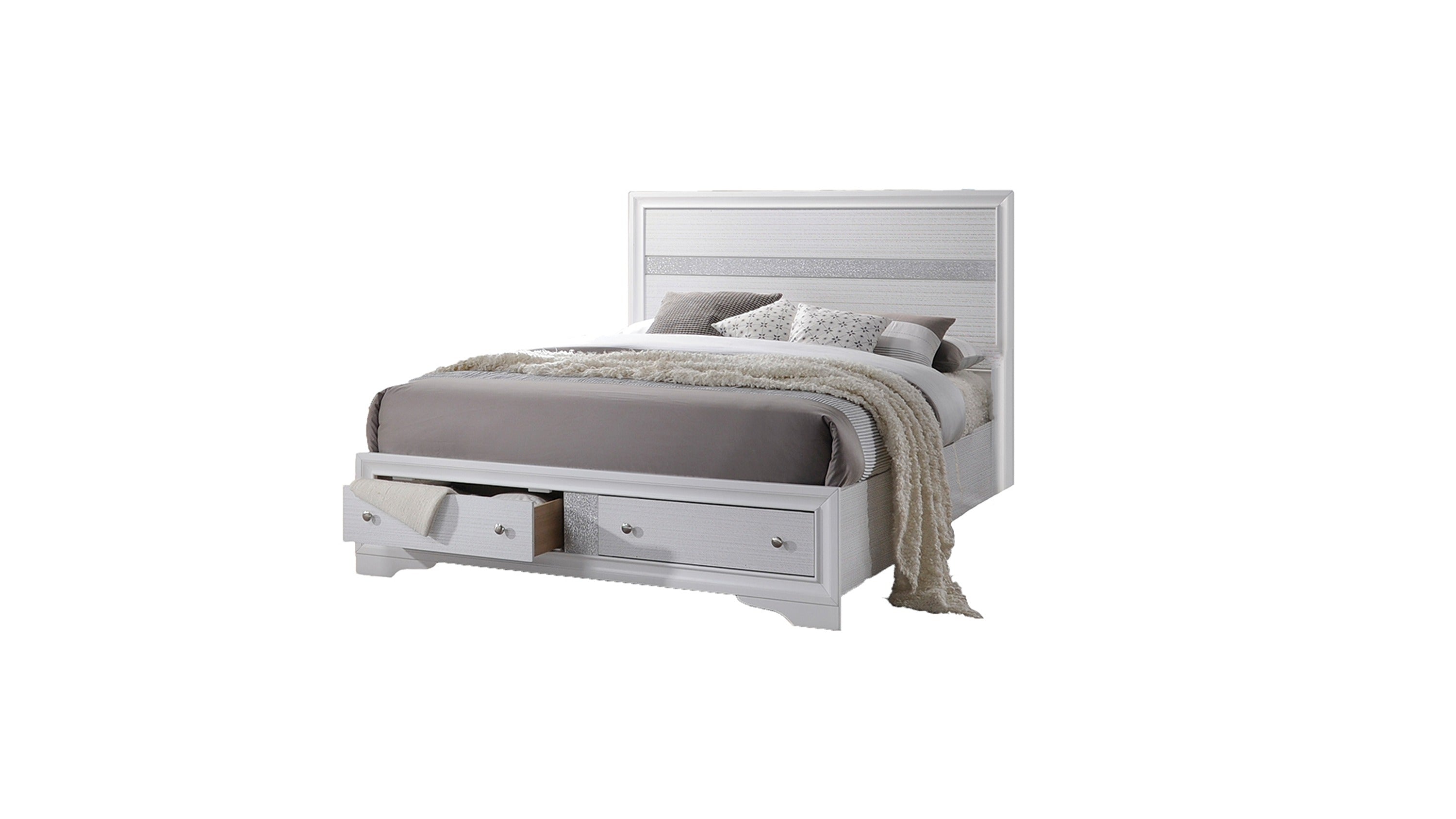 Traditional Matrix Full 4PC Bedroom Set in White Wood with Storage Dra