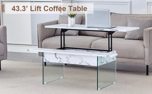English Elm Multifunctional Lift Top Coffee Table with Tempered Glass Legs, Ergonomic Storage and Durable MDF Finish Transparent,White W2920P226076