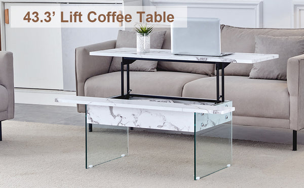 English Elm Multifunctional Lift Top Coffee Table with Tempered Glass Legs, Ergonomic Storage and Durable MDF Finish Transparent,White W2920P226076