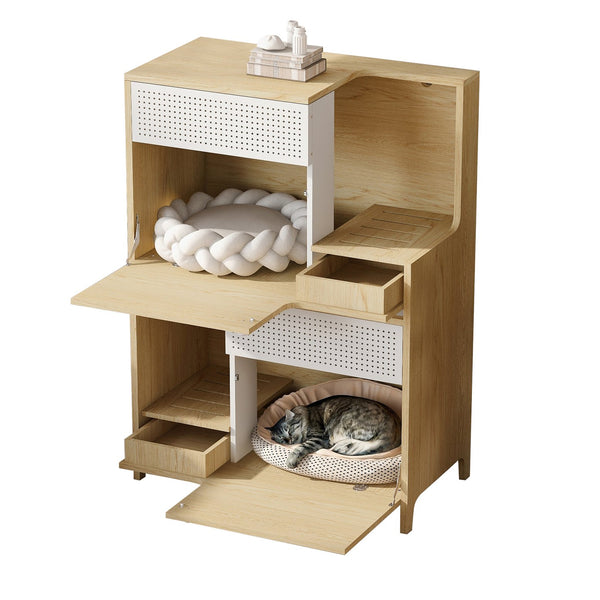 English Elm Modern 2 IN 1 Cat Furniture Litter Box Enclosure with Flip-Down Door, Grooved Entry & Storage Shelf N843P251413N