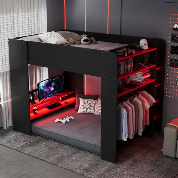 English Elm Full Size Gaming Bunk Bed with Rgb Lighting Integrated Desk Wardrobe and Storage Red LT100266AAR