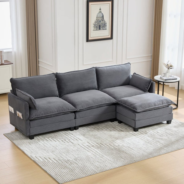 English Elm United We Win Modular Corduroy Sectional with Ottoman Low Profile Living Room Couch Gray W1568S00255