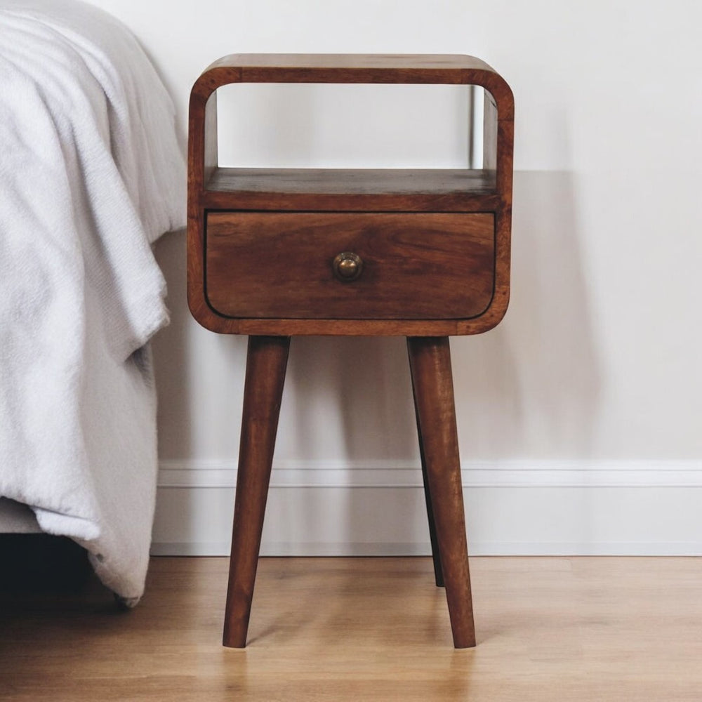 English Elm Solid Wood Mini Honey Caramel Nightstand - Curved Design, 1 Drawer, Nordic Legs For Small Spaces B182P279208-GIGA