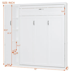 English Elm Full Size Murphy Bed with Open Shelving Wardrobe and Led Lighting for Studio Spaces White LP000898AAK