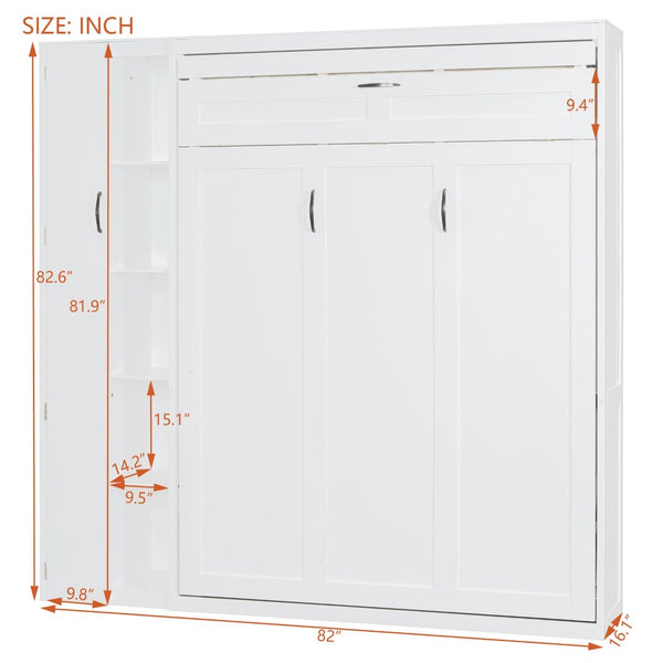 English Elm Full Size Murphy Bed with Open Shelving Wardrobe and Led Lighting for Studio Spaces White LP000898AAK