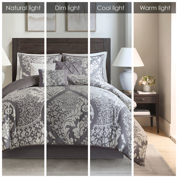 English Elm 7 Piece Cotton Printed Comforter Set - Elegant Grey Damask Design For California King Bed B03597029