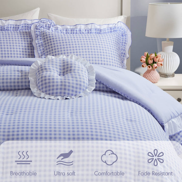 English Elm 4-piece Gingham Ruffle Comforter Set Romantic Cottage Bedroom Brushed Polyester Fill Blue B035P463186