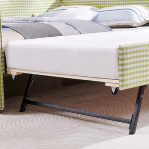 English Elm Full Size Gingham Linen Daybed with Wave Backrest Trundle and Usb Charging Port Green W1413S00139