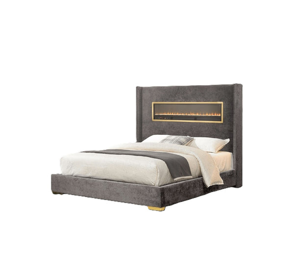 English Elm Contemporary Queen Platform Bed Upholstered Fabric with Fireplace Headboard and Bluetooth Audio Gray,Multi B2741P439941
