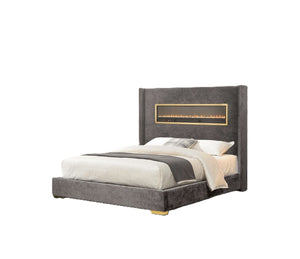 English Elm Contemporary Upholstered Platform Bed with Fireplace Simulator and Bluetooth Audio Gray,Multi B2741P439942