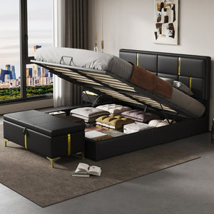 English Elm 2-pieces Queen Platform Bed Set Pu Upholstered Hydraulic Storage with Gold Accent Ottoman N733S362242B