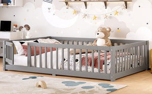 English Elm Full Floor Bed with Safety Guardrails and Play Door for Kids, Low Profile Pine Frame, 550lb Capacity Gray W1580P338951