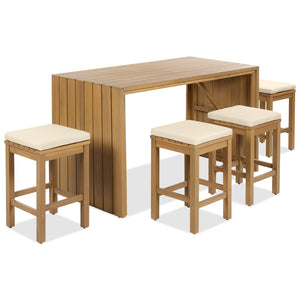 English Elm 5 Piece Outdoor Bar Set Acacia Wood Table & 4 Cushioned Stools, Removable Beige Cushions, Durable N704G201252A