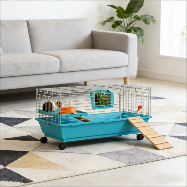 English Elm Mobile Rolling Wire Rabbit Guinea Pig Cage with Swivel Wheels Feeder and Deep Tray T3971P459853