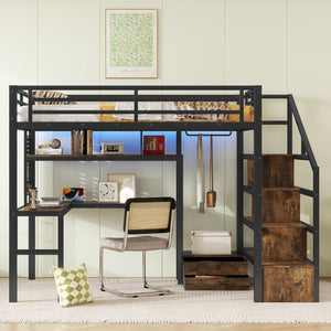 English Elm Full Size Loft Bed With Desk, Wardrobe & Led Light – Space-Saving Metal Design For Kids' Rooms! W2593S00019