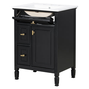 English Elm 24-Inch Bathroom Vanity with Sink, Solid Wood & MDF, Ceramic Top, Gold Handles, Flip Drawer Design Black N725P350824B