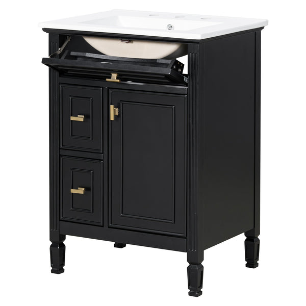 English Elm 24-Inch Bathroom Vanity with Sink, Solid Wood & MDF, Ceramic Top, Gold Handles, Flip Drawer Design Black N725P350824B