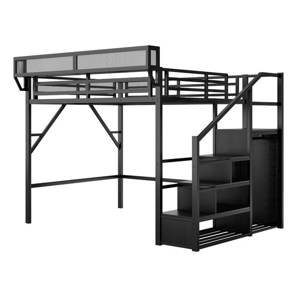 English Elm Full Size Metal Loft Bed with Stair Storage and Built-in Wardrobe for Teens W2580S00089