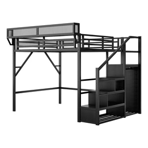 English Elm Queen Metal Loft Bed with Stair Storage Wardrobe and Under-bed Space for Teens W2580S00059