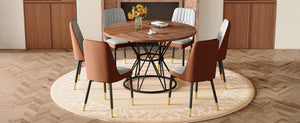 English Elm Table and Chair Set Round Walnut Mdf Dining with Six Two-tone Pu Seats Gold Legs Brown,Light Gray,Walnut+Black W1151S04842