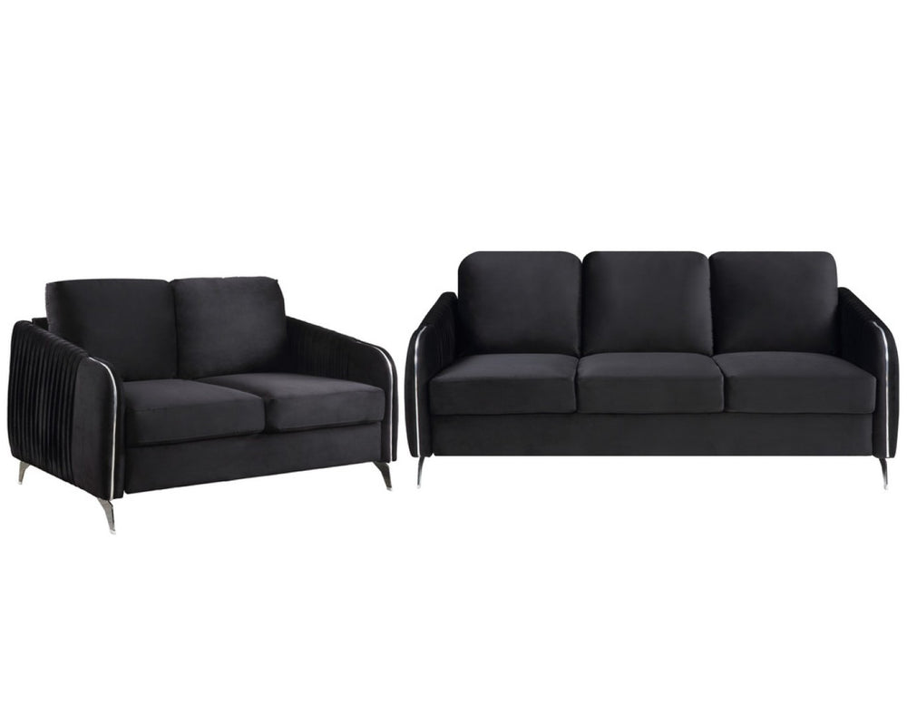 English Elm Hadriano Velvet Sofa and Loveseat Set with Channel Quilting and Chrome Legs Black B2749S00138