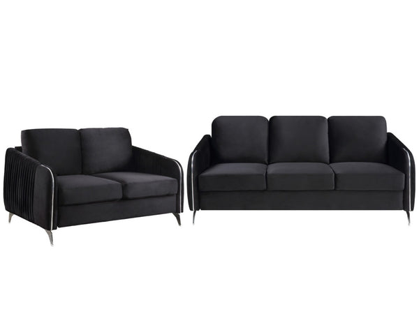 English Elm Hadriano Velvet Sofa and Loveseat Set with Channel Quilting and Chrome Legs Black B2749S00138