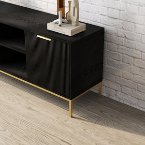English Elm Modern Wave Door Media Console with Gold Legs Soft Close Hinges and Open Shelf W3151P407896