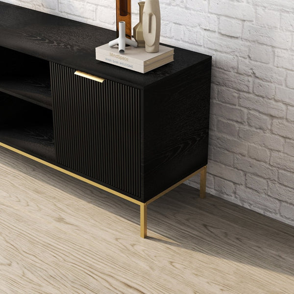 English Elm Modern Wave Door Media Console with Gold Legs Soft Close Hinges and Open Shelf W3151P407896