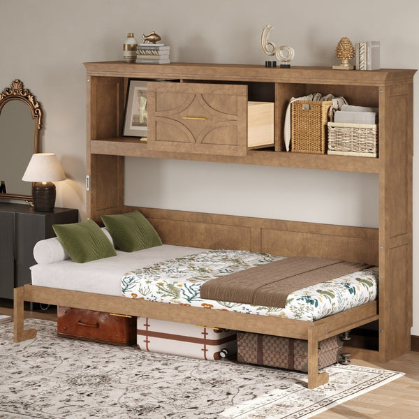 English Elm Twin Size Murphy Bed With Charging Station, Storage Drawer & Stylish Wood Finish For Space-Saving Design N7090004019D-GIGA