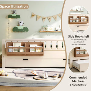 English Elm Twin Kids Platform Bed with Trundle Staircase Bookshelf and Rounded Safety Rails Beige W1580S00559