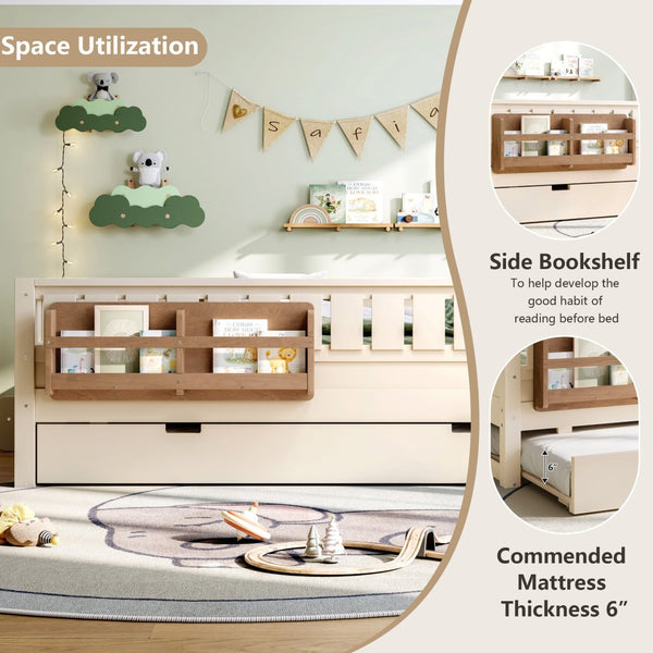 English Elm Twin Kids Platform Bed with Trundle Staircase Bookshelf and Rounded Safety Rails Beige W1580S00559