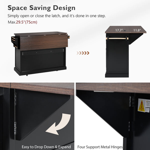 English Elm K&K 54.9" Farmhouse Kitchen Island Cart with Drop Leaf, Charging Station, Barn Doors & Glass Pane Black N707P300277B