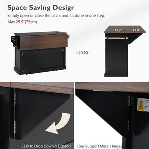 English Elm K&k Farmhouse Rolling Kitchen Island with Barn Doors Power Outlet and Drop Leaf Black N707S300277B