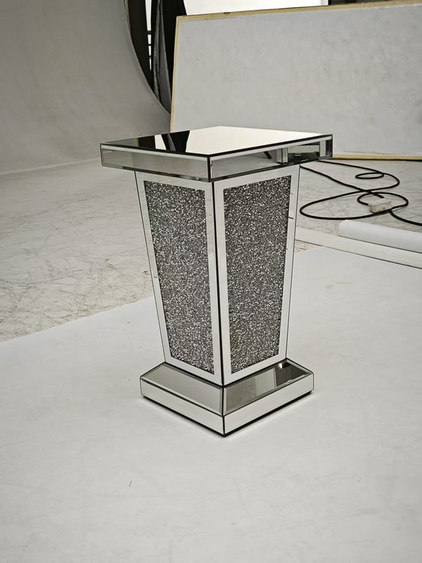 English Elm Silver Mirrored End Table with Crystal Inlay — Elegant Square Accent Side Table 13.8"x13.8"x23.6" W1005P360048