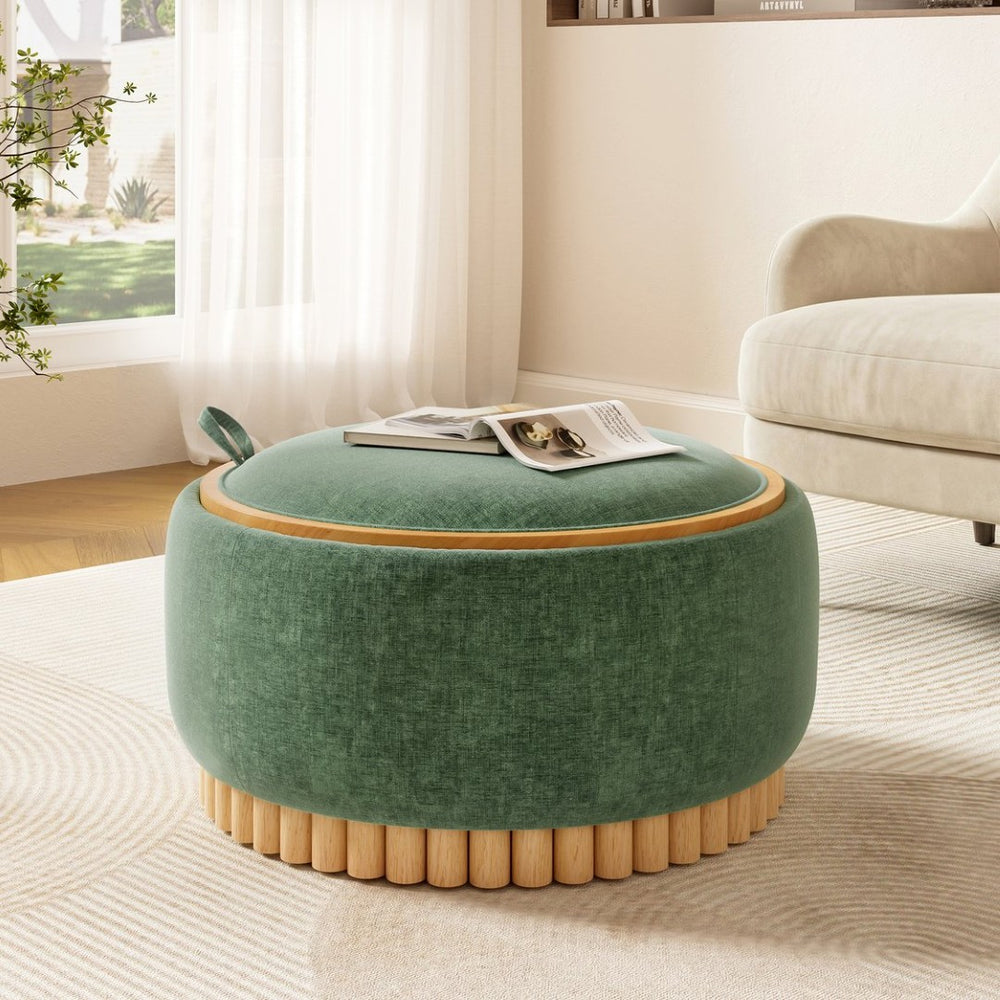 English Elm 29" Round Boucle Storage Ottoman Sculptural Wood Base Reversible Lid Living Room Green N723P405304G