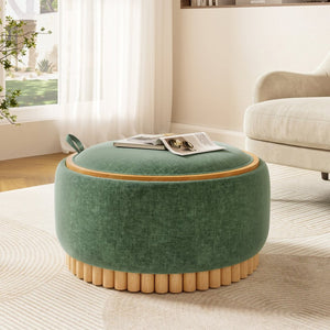 English Elm 29" Round Boucle Storage Ottoman Sculptural Wood Base Reversible Lid Living Room Green N723P405304G