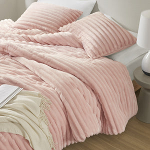 JLA Home Intelligent Design - Fluffy Plush Ribbed Comforter Set with 300gsm Loft, Oeko‑Tex Certified, Ready‑to‑Use Cozy Layering Pink AM10-0275