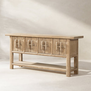 English Elm Rowan Reclaimed Pine Sideboard with Hand-carved Pulls and Open Display Shelf B2719P474454