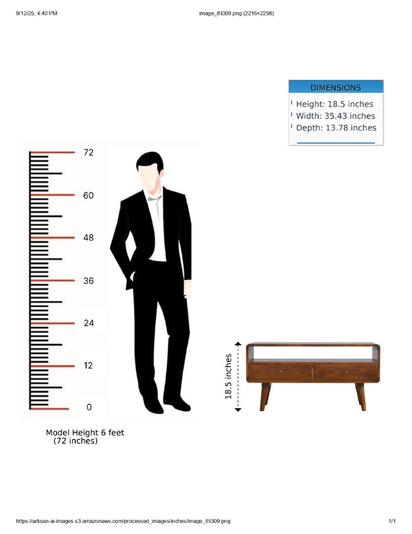English Elm Solid Mango Wood Curved Media Unit With Chestnut Finish, 2 Drawers & Open Slot For Stylish Storage B182P280763-GIGA