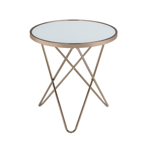 English Elm Frosted Glass Top Round Table Champagne Base — Mid-Century Accent End Table, Elegant Framed Design B016P314057