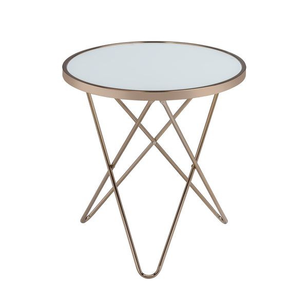 English Elm Frosted Glass Top Round Table Champagne Base — Mid-Century Accent End Table, Elegant Framed Design B016P314057