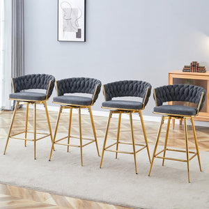English Elm Four-piece 360° Swivel Bar Stool Set with Soft Cotton-Linen Seats, Gold Legs, Anti-Slip Foot Rings and Rounded Armrests W2920S00057