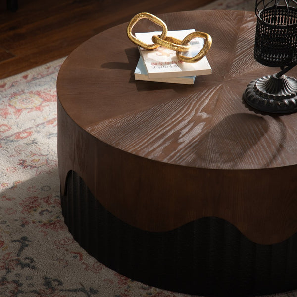 English Elm 30.31" Round Coffee Table Solid Wood & MDF Handcrafted Bark Veneer Top Sturdy Pedestal No Assembly, Black Walnut Finish Elegance for Living Room W3081P357841