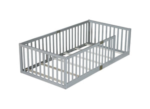 English Elm Twin House Frame Floor Bed Rubberwood with Roof Canopy and Safety Rails for Kids Grey W504P429529