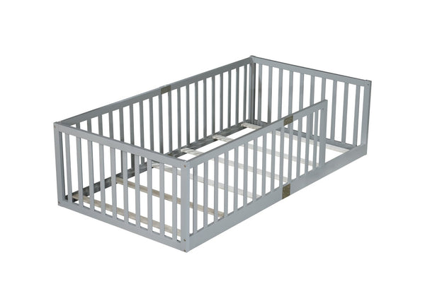 English Elm Twin House Frame Floor Bed Rubberwood with Roof Canopy and Safety Rails for Kids Grey W504P429529