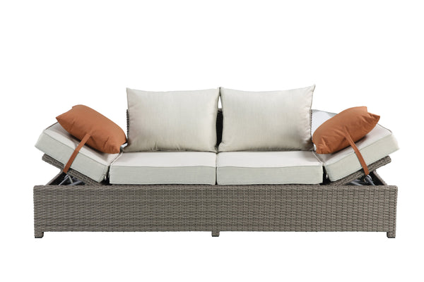 English Elm Salena Gray+Beige All-Weather Wicker Patio Sofa & Ottoman with 2 Toss Pillows, Foam Cushions, No-Assembly B2726P245456