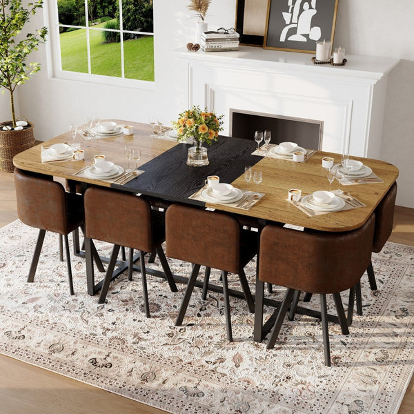 English Elm 9-piece Square Dining Set Seats 8 with Suede Chairs and Two-tone Metal Frame Black,Brown,Wood W3875S00137