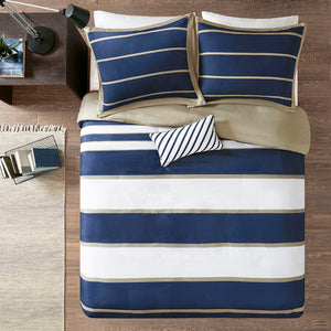 JLA Home Mi Zone - Duvet Striped Navy Khaki White Set with Antimicrobial Protection, Breathable Soft Fabric, Modern Appeal 104 L x 90 W x 0.13H MZ12-509