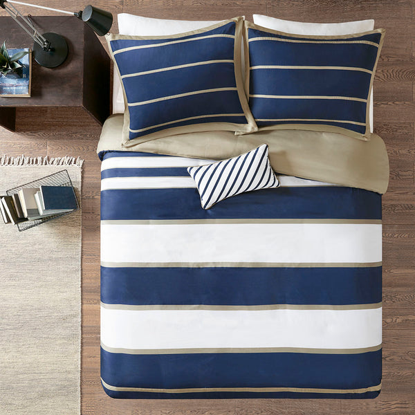JLA Home Mi Zone - Duvet Striped Navy Khaki White Set with Antimicrobial Protection, Breathable Soft Fabric, Modern Appeal 104 L x 90 W x 0.13H MZ12-509