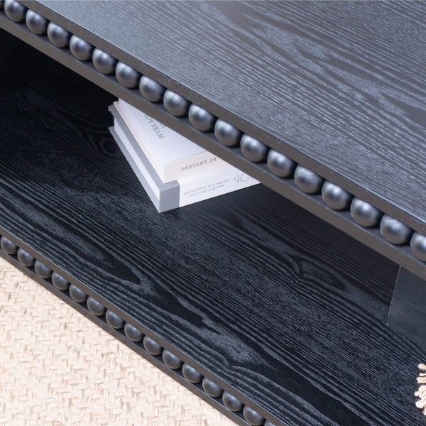English Elm Black Beaded Edge Coffee Table | 47.6" Rectangular Matte Black Center Table with Open Shelf, Farmhouse Charm and Durable Crafted Trim W2729P309448